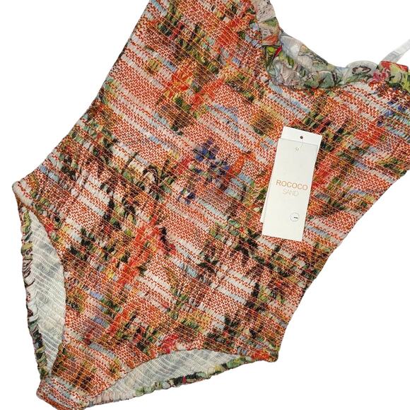 Rococo Sand Size Small Ruffle Smocked Floral Bodysuit Straps Orange‎ Sunset - Picture 4 of 12